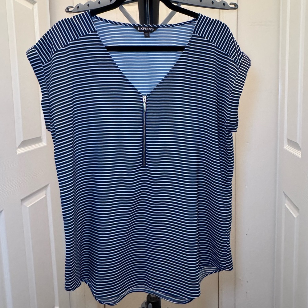 Express Navy Striped Zipper V-Neck Top